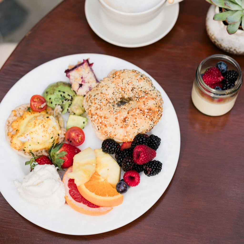 Brunch plate with fresh fruit and pastries